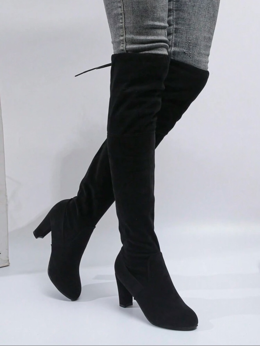 Over-the-Knee Black Suede Block Heel Boots